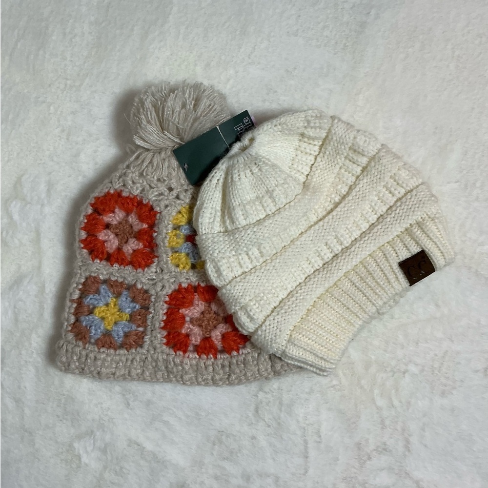 Red and Yellow Granny Square Hat with Pom-Pom